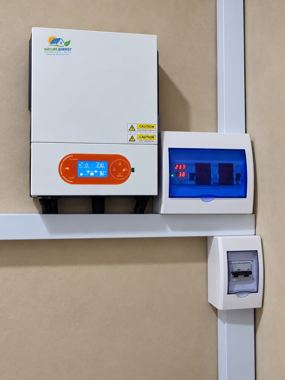 Hybrid inverter with changeover and distribution boards installed for backup power