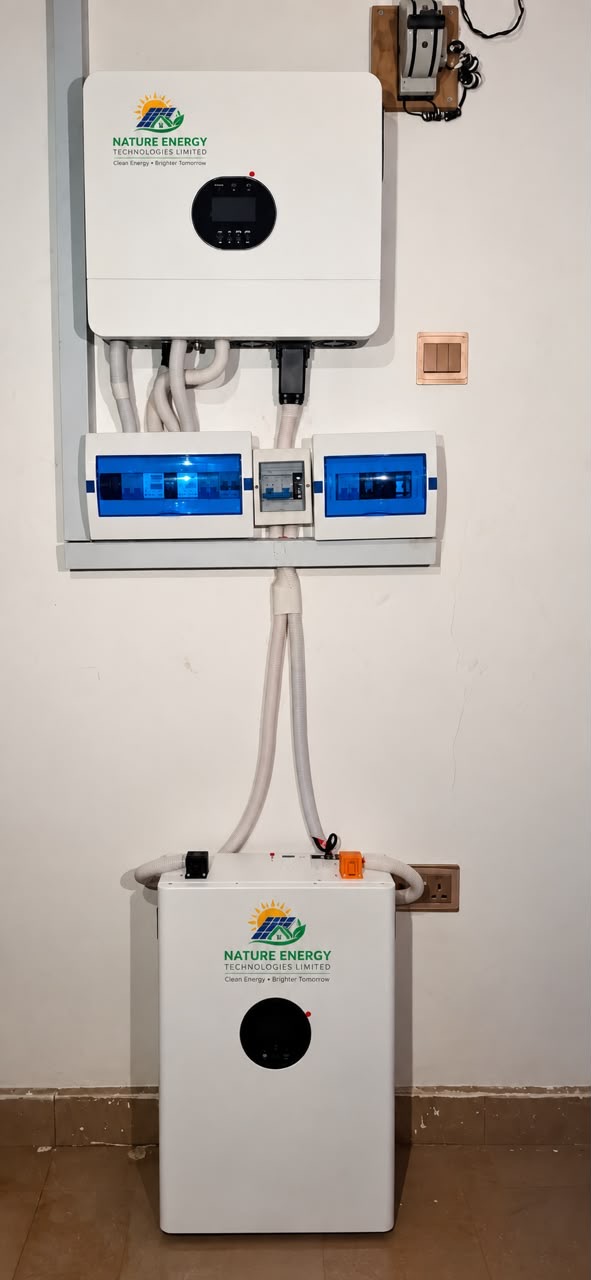 Wall-mounted hybrid inverter with distribution boards and battery storage