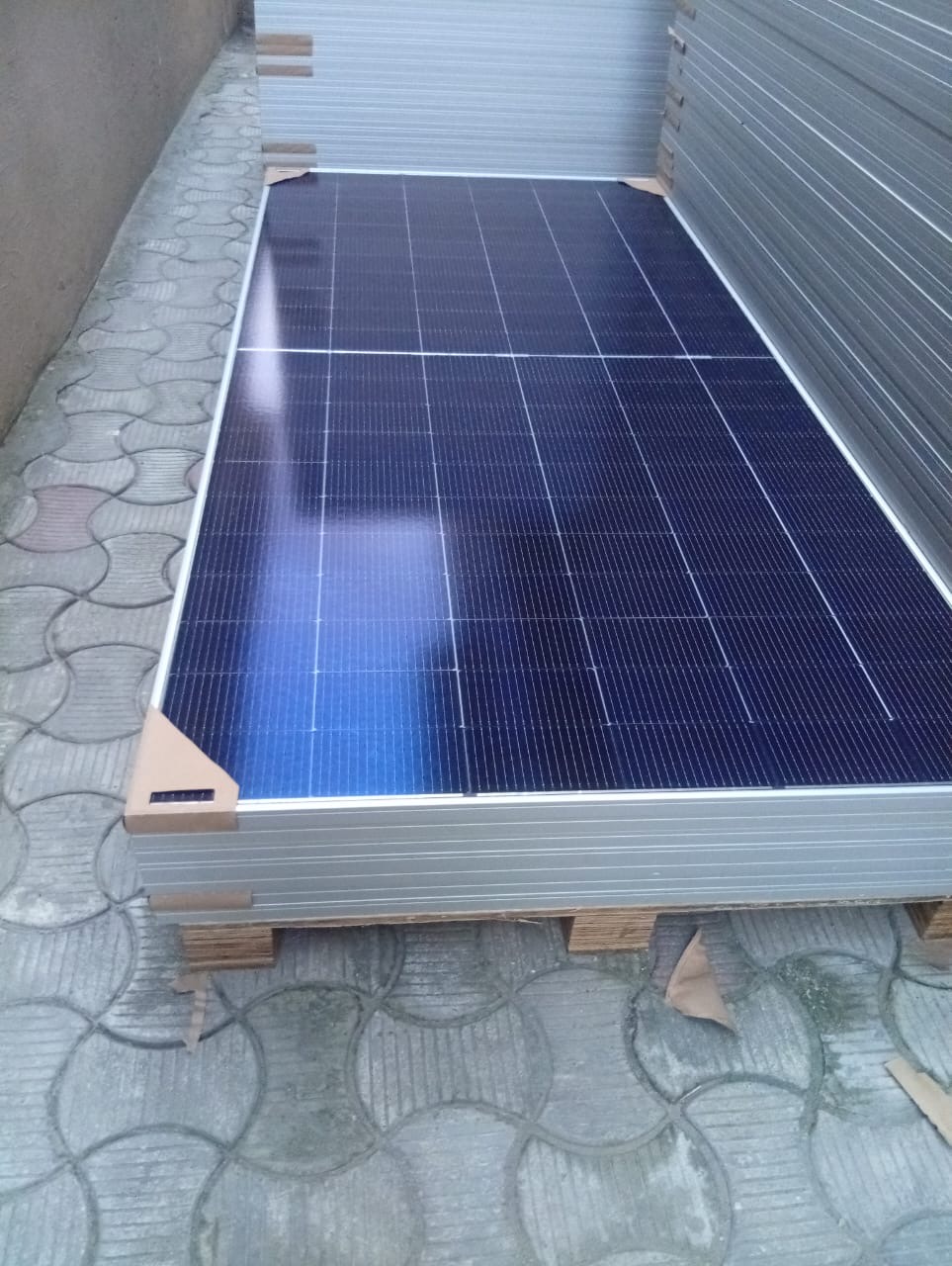 Solar panels stacked and ready for installation